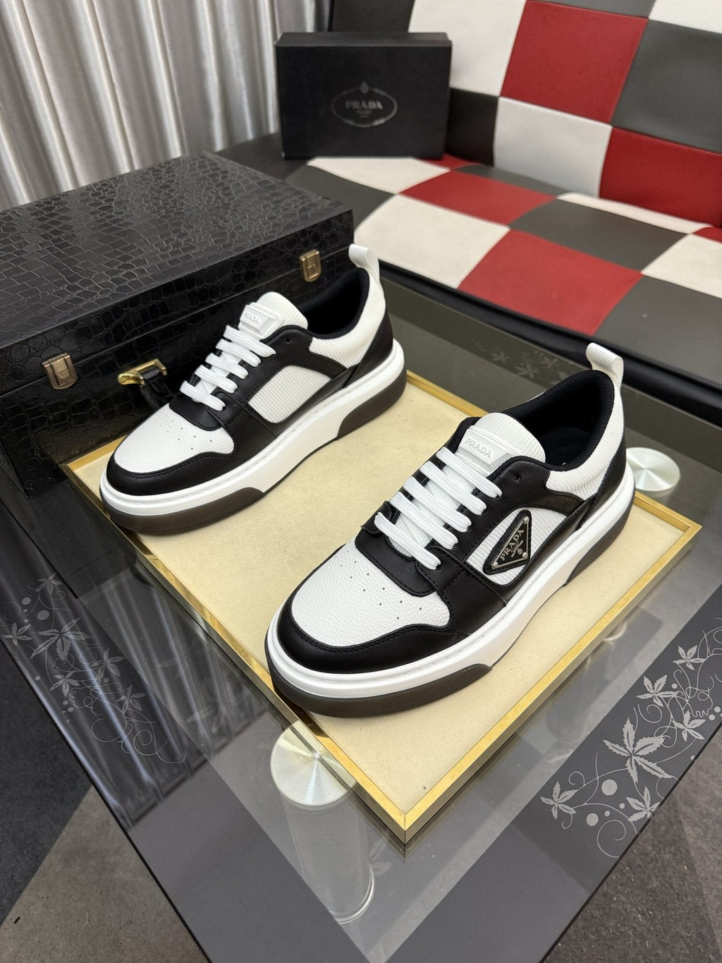 Prada Men's Triangle Plaque Low-Top Sneakers - Padded Collar, Triangular Side Plaque